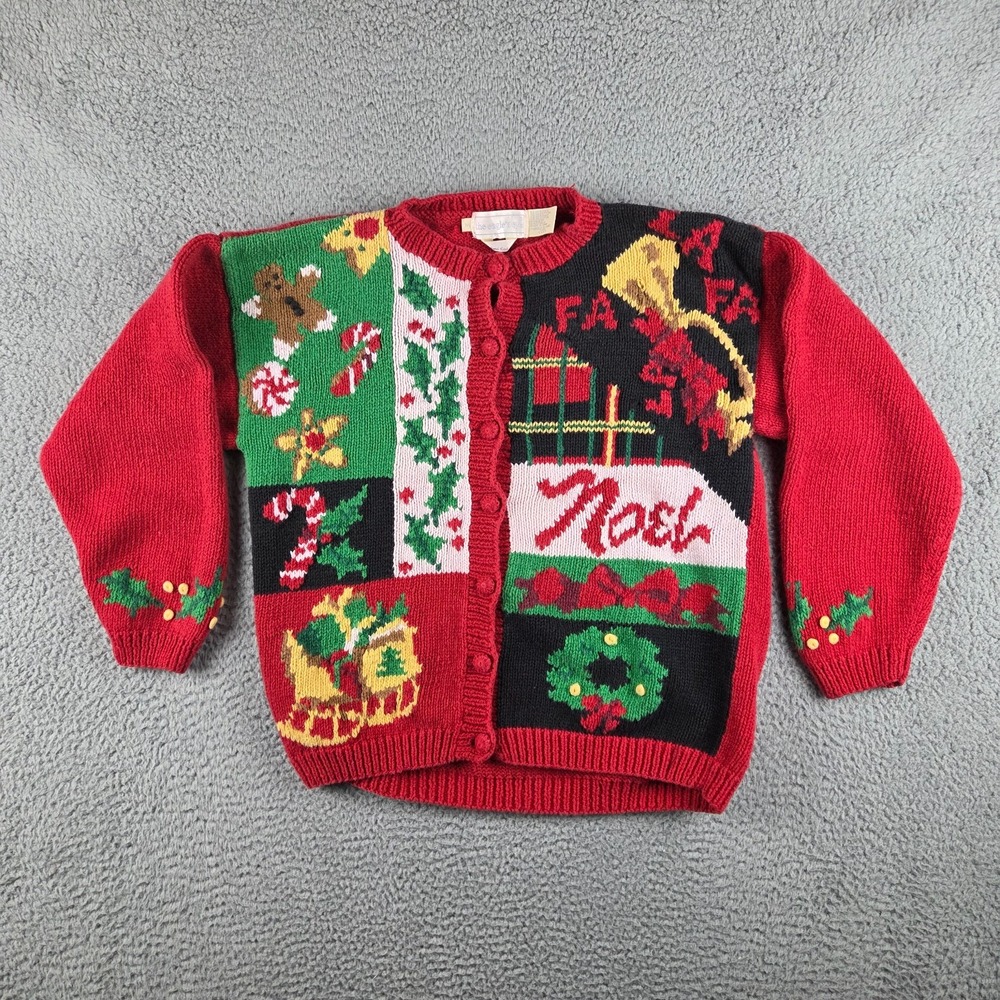 Eagle's Eye Christmas Sweater Womens M Cardigan Hand Knit Embroidery Holiday